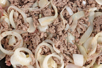 close-up of cooked minced meat with onions, food texture 