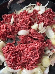 close-up of raw minced meat with onions, food texture 