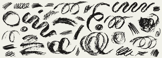 Charcoal pencil curly lines, squiggles and shapes drawings. Grunge pen scribbles collection. Hand drawn vector pencil lines and doodles. Black charcoal or chalk drawing with rough crayon strokes.
