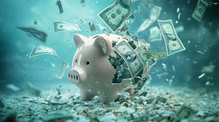 A shattered piggy bank surrounded by dollar bills, symbolizing financial loss.