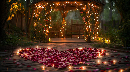 Romantic background with a heart-shaped balloon release, featuring colourful balloons drifting into a sunset sky