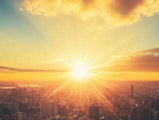 Obraz premium A stunning sunset over a city skyline, with radiant sun rays piercing through clouds, creating a warm and vibrant atmosphere.