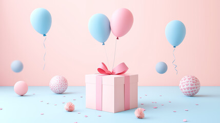 3D rendering gift box with balloon and decoration on soft pastel color background for birthday celebration greeting card, dreamy joyful atmosphere