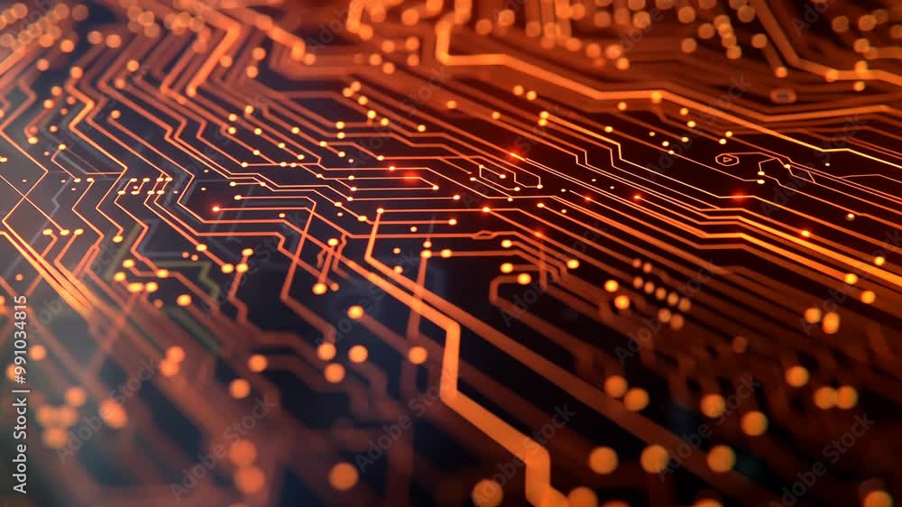 Poster abstract macro close-up of orange pcb lines glowing in dark background, high-tech circuit board, ele