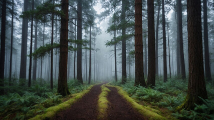 Fototapeta premium foggy morning in a dense pine forest. The tall trees in mist, with soft light filtering through,forest floor covered with a thick layer of pine needles, with a narrow path