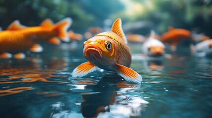 Overhead shot of colorful Japanese koi fish in a pond.