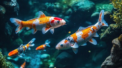Naklejka premium Overhead shot of colorful Japanese koi fish in a pond.