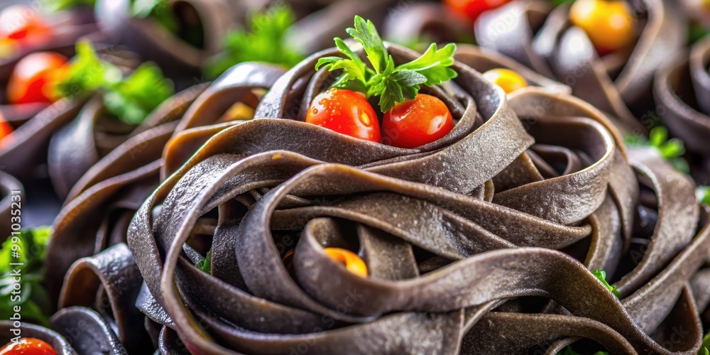 Wall mural close-up of organic diet fettuccine black bean pasta with a macro shot, food, black bean pasta, orga