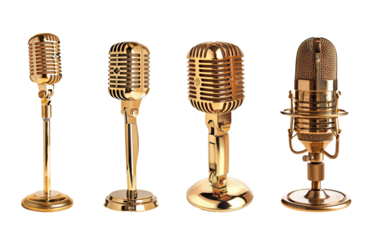 Vintage gold microphone set  isolated on transparent or white background	