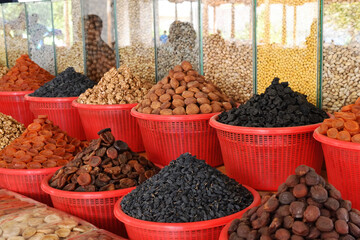Stalls at Siab bazaar local fruit vegetable and spices market. Samarkand. Uzbekistan