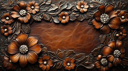 Overhead view of a tooled leather picture frame with white stitching.