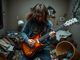 Obraz premium Young man playing guitar in his dirty bedroom.