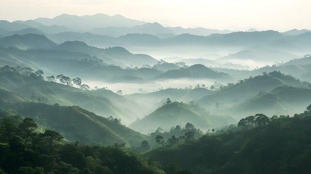 Serene mountain landscape with misty valleys and lush greenery in the early morning light.