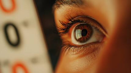 A close-up of an eye examining a vision test card, highlighting the detail of the iris and the surrounding skin.