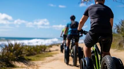 A group of cyclists enjoys a ride on electric bikes along a picturesque sandy trail by the ocean