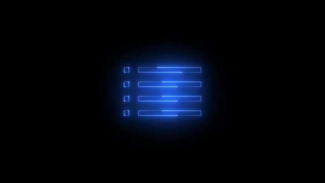 Neon bulleted list icon blue glowing black background animation