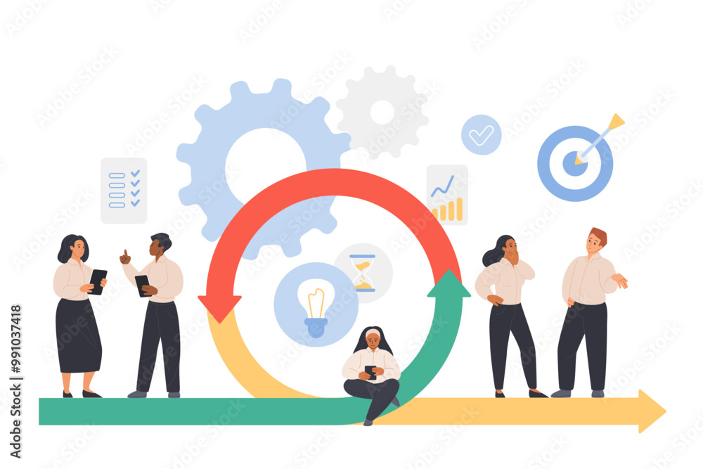 Wall mural agile scrum methodology, flexible business process, life cycle for software development. tiny people