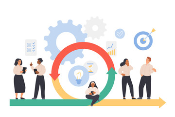 Agile scrum methodology, flexible business process, life cycle for software development. Tiny people work, testing digital project at rotation cyclic progress arrow cartoon vector illustration