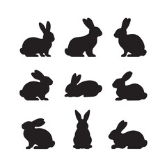 A set of nine black silhouettes of rabbits in different positions