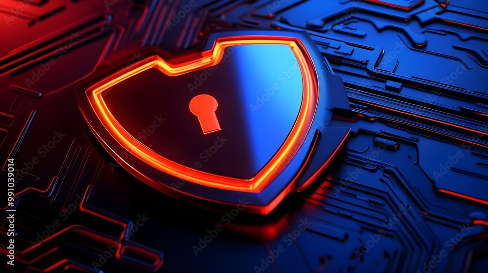 Poster shield shape lock icon with glowing edges on a digital circuit background.