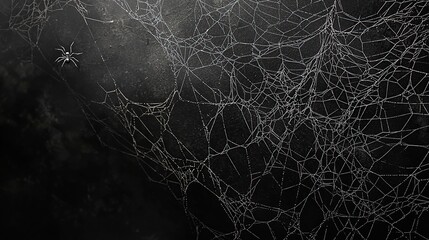 A spider web covered in dew drops with a spider sitting in the corner.