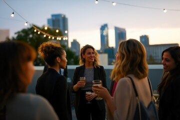 Business networking event at a rooftop bar during sunset with professionals enjoying drinks and engaging in conversation
