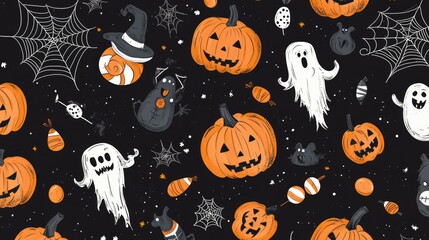 Halloween-themed pattern featuring orange pumpkins, cobwebs, candies, and cartoonish monsters on a dark black background.