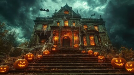 Fototapeta premium Haunted house with orange pumpkins lining the steps, spider webs hanging from the roof, and a dark, eerie sky