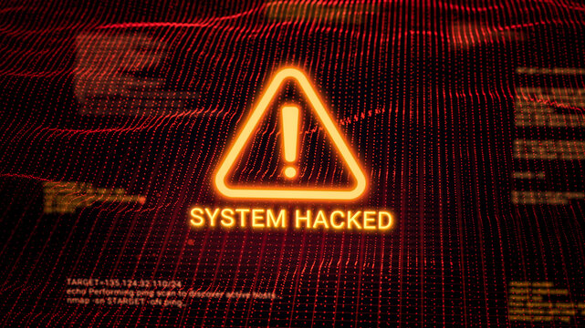 Business server show security hacked alert warning sign, Hacker access private confidential database, Cyber attack data protection system exploit concept, hacking computer tech screen 3d rendering