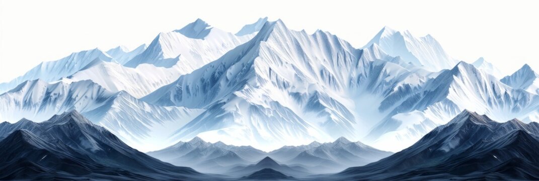 A mountain range with snow capped peaks and a valley below. AI generative. .