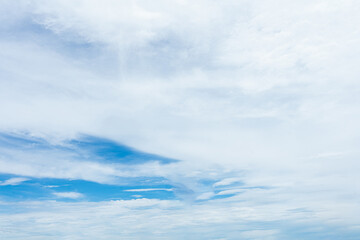 Serene skies, painted with hues of blue and white, as fluffy clouds dance across the canvas of the heavens