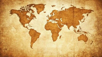 Antique world map on textured background, illustrating global geography.