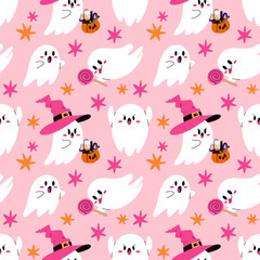 Cute Halloween kids pattern. Funny scary ghosts characters. Spooky Season. Trendy cartoon style. Isolated seamless flat vector illustrations