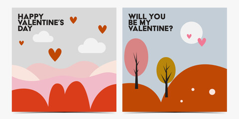 Set of cute Valentine's Day greeting cards, posters, templates, labels with colorful picturesque landscapes in pink, blue and red colors, vector illustration