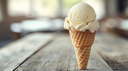 Ice cream in a waffle cone, artfully placed on a stylish wooden table, with a soft light in the background.