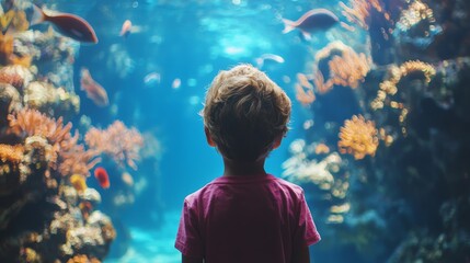 Curious Child in Pink Shirt Admiring Colorful Fish and Coral in Blue Aquarium