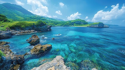Obraz premium A captivating seaside ocean natural scenery. The ocean stretches as far as the eye can see, its waves rolling in with a soothing rhythm. The sky above is a beautiful blend of blues and whites. The san