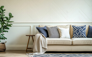 Cozy living room with neutral-colored sofa and decorative pillows featuring a serene indoor plant next to a modern patterned rug