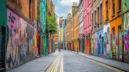Fototapeta premium A vibrant street adorned with colorful murals and cobblestones, showcasing urban art.