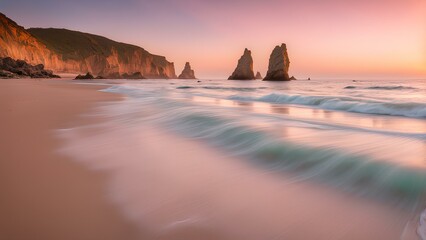 Beach at sunrise, with soft golden light casting a warm glow over the smooth