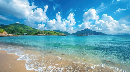 A captivating seaside ocean natural scenery. The ocean stretches as far as the eye can see, its waves rolling in with a soothing rhythm. The sky above is a beautiful blend of blues and whites. The san