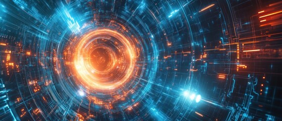Obraz premium A futuristic digital tunnel with glowing blue and orange patterns, suggesting advanced technology.