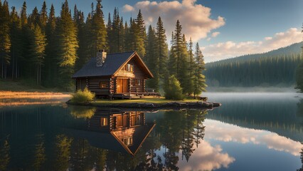 Fototapeta premium Quiet mountain cabin surrounded by a dense forest in the early morning light