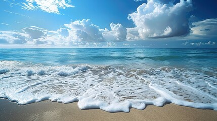 A captivating seaside ocean natural scenery. The ocean stretches as far as the eye can see, its waves rolling in with a soothing rhythm. The sky above is a beautiful blend of blues and whites. The san