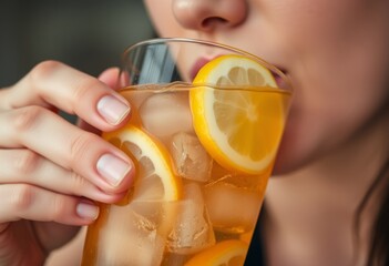 Close up of a person sipping a refreshing glass of iced tea with