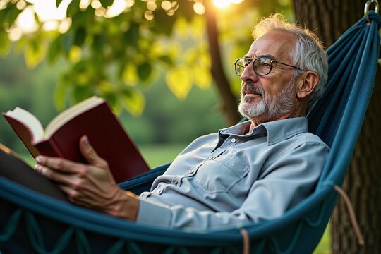Relaxing Senior Man Reading Book in Hammock Outdoors