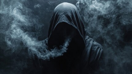 Mysterious hooded figure engulfed in swirling smoke.