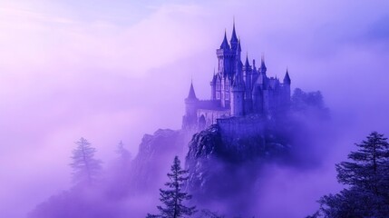 A majestic castle perched atop a misty mountain peak, bathed in soft purple light.