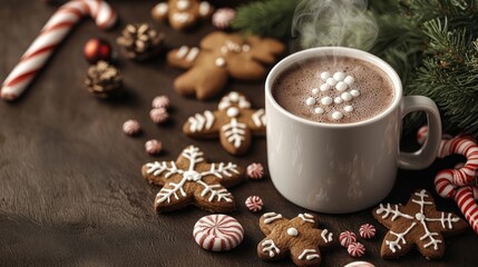 A steaming hot cocoa in a festive mug