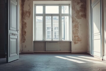 Bright, Empty Interior of a Renovated Room With Large Windows Letting in Sunlight During the Afternoon